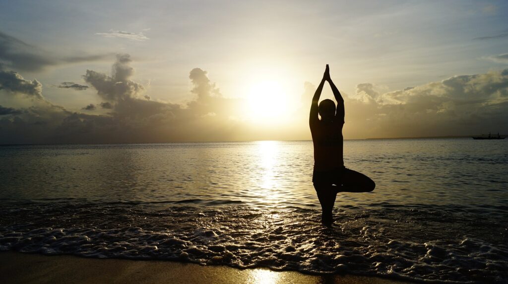 beach, yoga, sunset, silhouette, person, yoga pose, shore, seashore, sea, ocean, meditate, meditation, nature, pose, balance, calm, tranquil