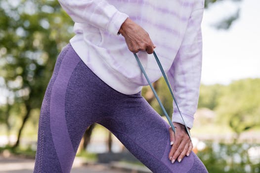 Person exercising with a resistance band in a sunny park setting, focusing on fitness and wellness.