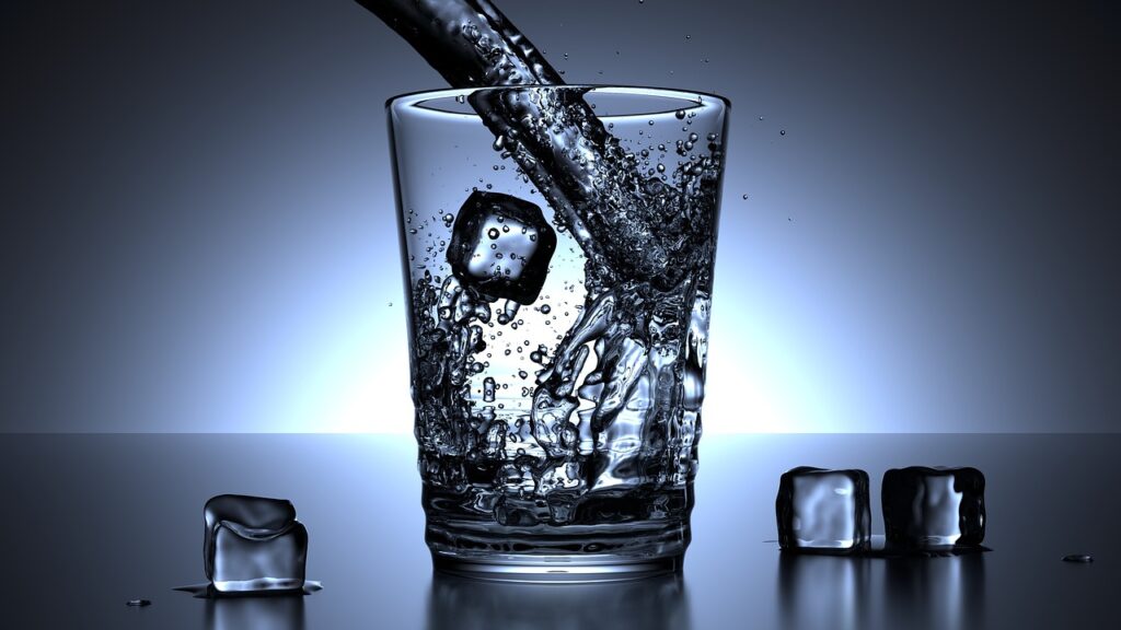 glass, water, ice cubes, nature, drink, cold, blue, glass of water, cold water, cold drink, refreshment, pour, pouring, pouring water