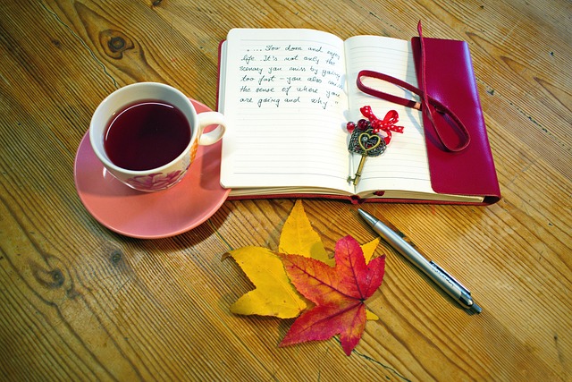 relaxing day, relax, tea, pen, cup, mug, journal, life, book, nature, natural, tea cup, white, freedom, happy, leaves, autumn, red, lifestyle, heart, brown heart, brown relax, brown tea, brown cup