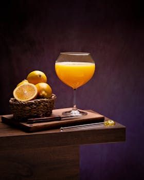 A refreshing glass of citrus juice with lemons in a basket, perfect for food photography.