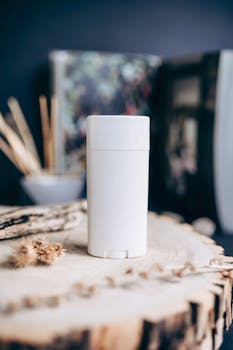 Close-up of a white deodorant container on a textured wooden surface. Natural and eco-friendly vibe.