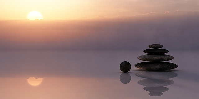 balance, stones, stack, stack of stones, reflection, mirroring, mirror image, sunset, dusk, twilight, meditation, meditate, silent, sky, nature, sun, clouds, wellness, zen