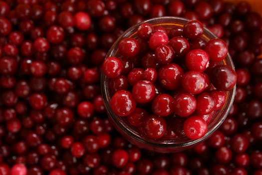Close-up of vibrant cranberries in a glass bowl, perfect for healthy recipes.
