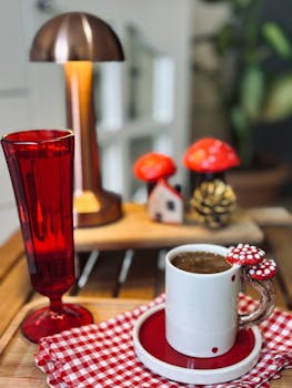 A warm indoor coffee setting with mushroom-themed decor and a red glass on a tray.
