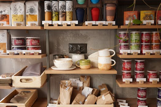 Rustic kitchen shelves displaying ceramics and food items, perfect for home decor inspiration.