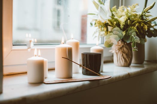 A serene setup of candles and flowers on a window sill, creating a calming atmosphere.