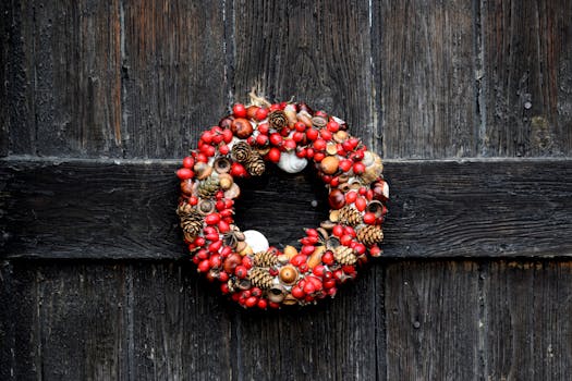 A festive red and brown wreath with natural elements on a rustic wooden door.