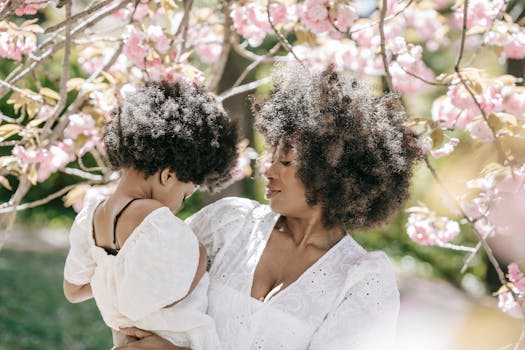 Joyful moment between mother and daughter in a blossoming garden.