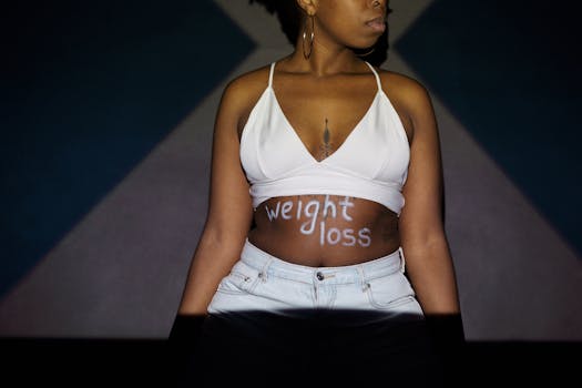 Confident woman showing weight loss message painted on her stomach, symbolizing motivation and lifestyle change.