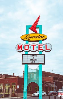 Iconic sign at the Lorraine Motel in Memphis, USA, associated with MLK.