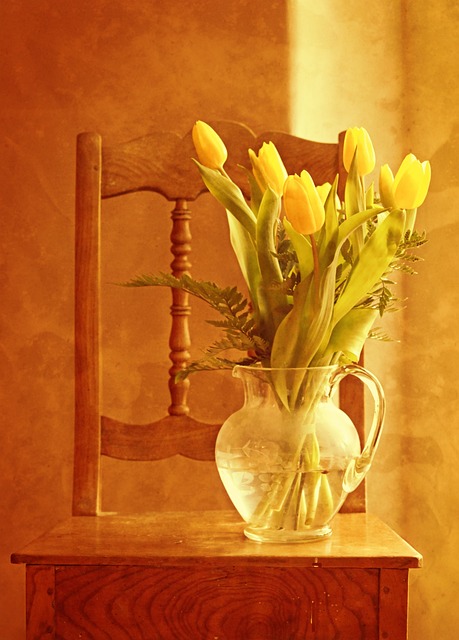 tulip bouquet, tulips, bunch of flowers, vase, flower vase, decoration, still life, chair, wooden chair, flower, nature, flower background, decorative, interior design, vintage, beautiful flowers, flower wallpaper, antique, grunge, yellow tulips, texture, romantic, design, rustic, postcard