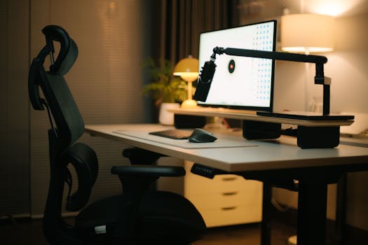 A cozy home office featuring an ergonomic chair, computer setup, and ambient lighting for a productive environment.
