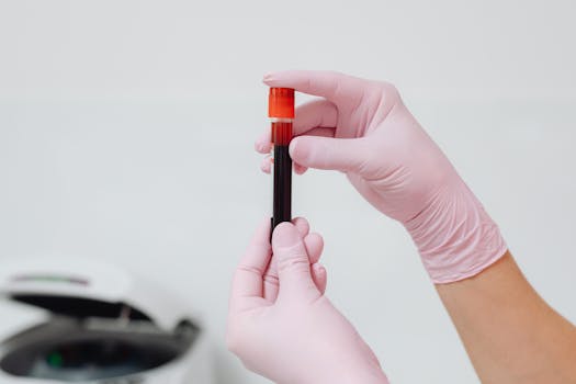 Close-up of gloved hands holding a blood sample in a test tube, ideal for medical and lab contexts.