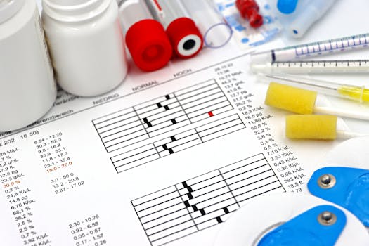 Arrangement of medical equipment, lab tests, and health data on a clinical table.