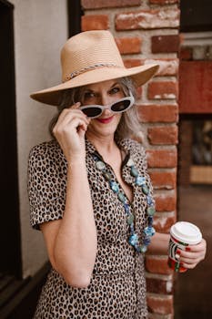 Elegant woman in leopard dress with hat and sunglasses enjoying a sunny day.