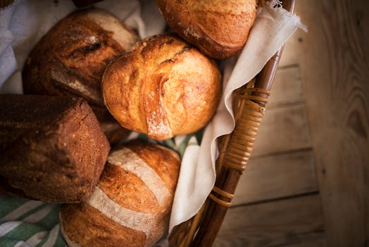 Assorted freshly baked bread loaves in a wicker basket showcasing rustic charm and texture.