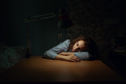 A woman in a dimly lit room rests her head on a desk, illuminated by a desk lamp.