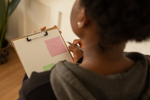 A woman writes notes on a clipboard with colorful sticky notes indoors.