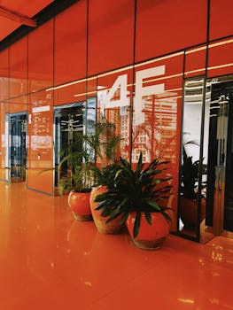 Striking orange hallway with sleek glass panels and vibrant plants creating a modern workspace atmosphere.