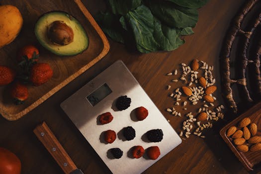 Top view of composed raw almond with seeds and avocado on table with berries on scales for cooking healthy dish