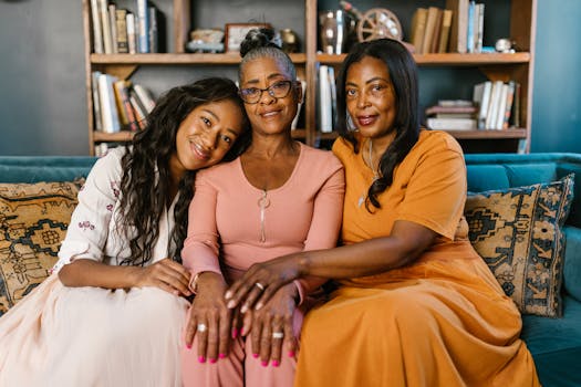 Three beautiful black women sitting together on a couch, smiling indoors.