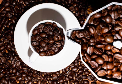 Discover rich coffee aroma with roasted beans in a white cup against a close-up background.