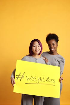 Two women promoting healthy lifestyle with weight loss message on a bold yellow background.