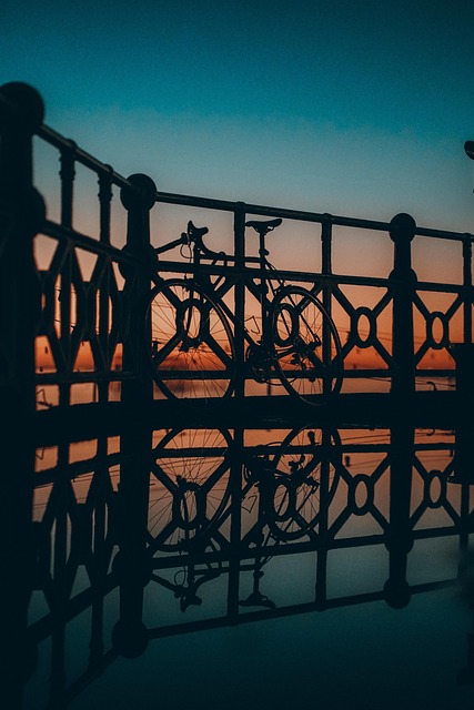 barrier, sunset, reflect, nature, reflection, sky, colorful, bicycle