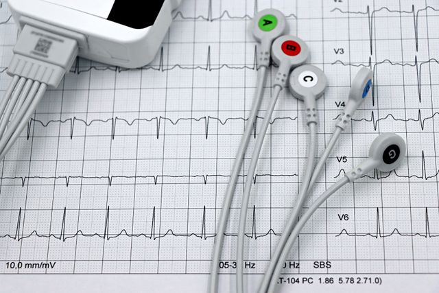 Close-up of ECG monitor leads on a printed cardiogram, showcasing heart health diagnostics.