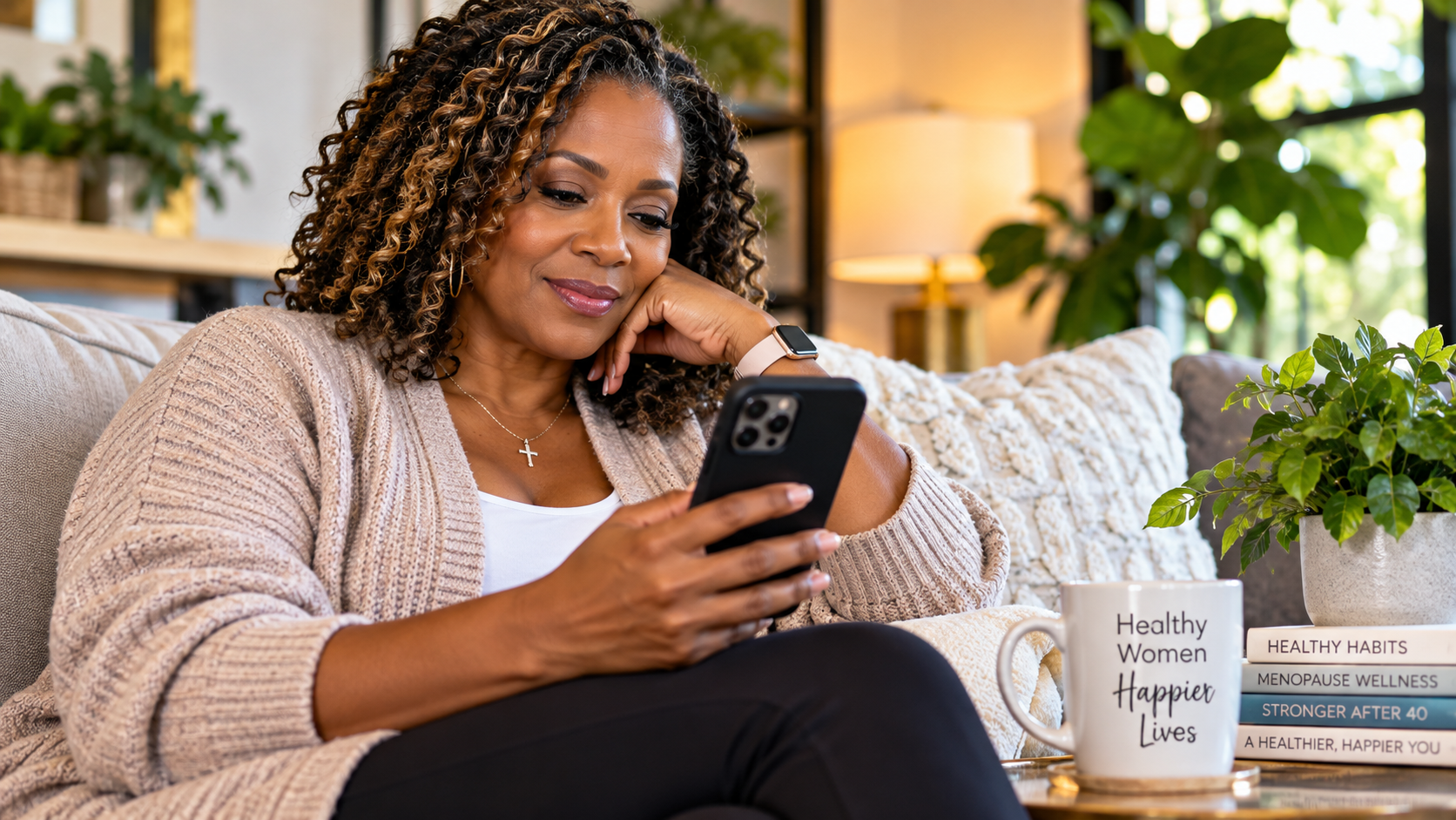 Woman over 40 reviewing social media wellness trends and health advice on her phone